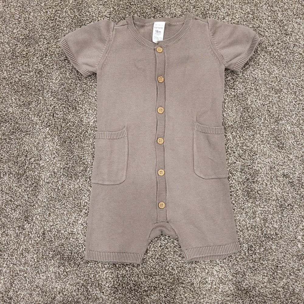 Carters 18M Taupe Brown Cotton Knit Button Front Romper Short Sleeve